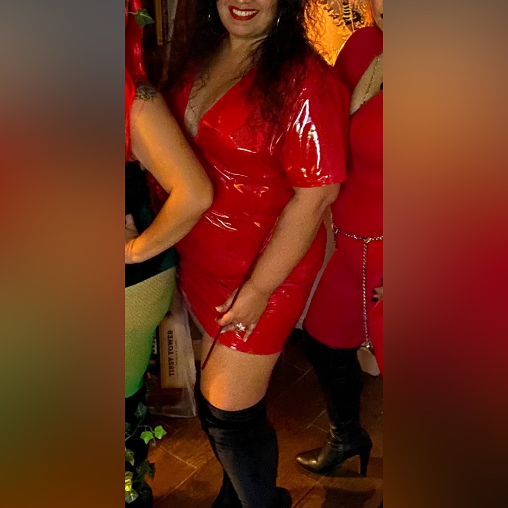 Red vinyl plunge body con dress